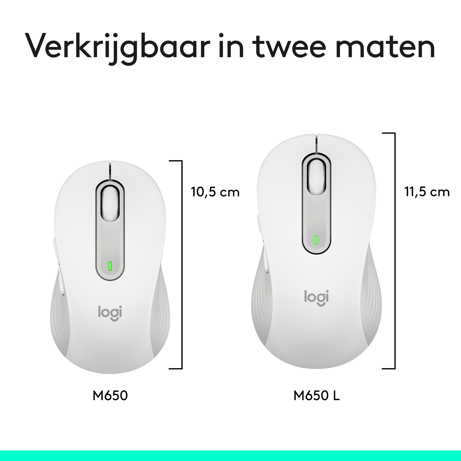 Close-up of the white Logitech mouse, with a green light, on a light surface.