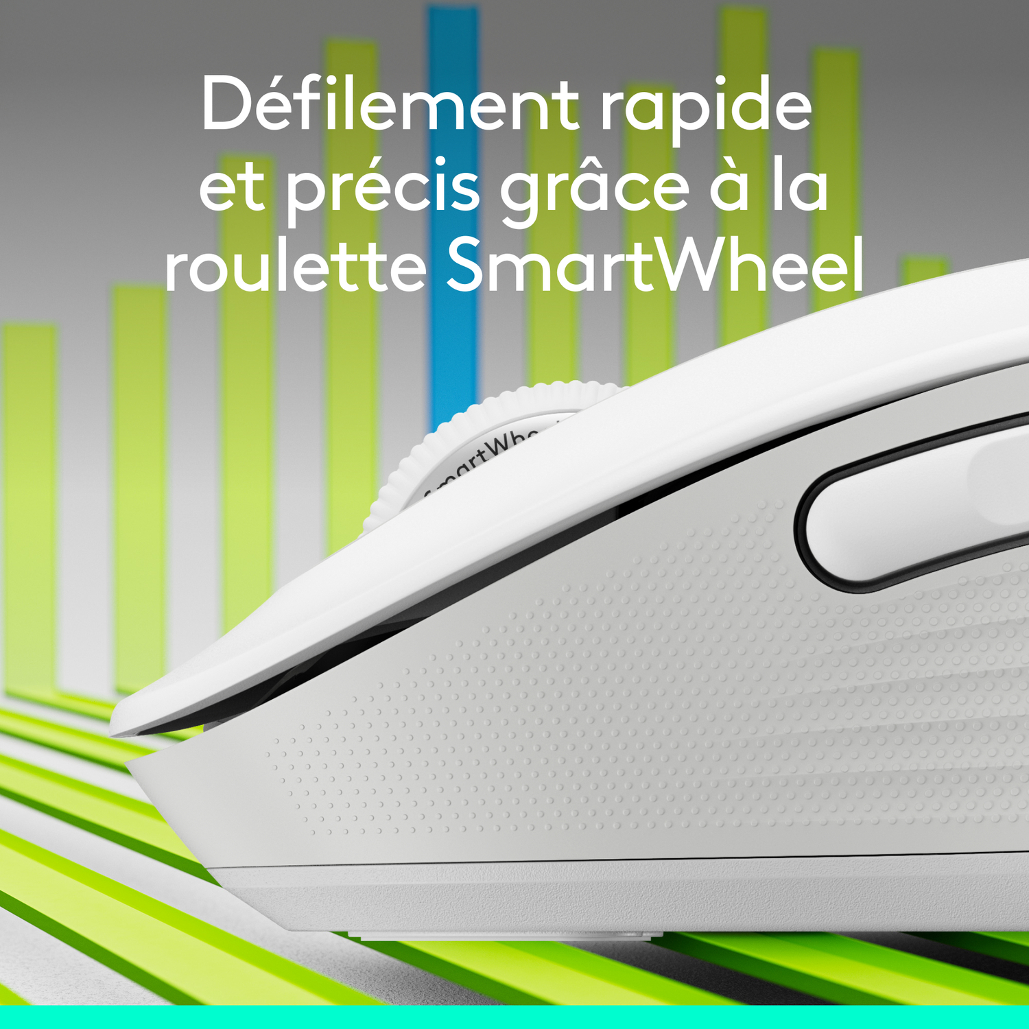Gros plan d'une souris blanche avec une molette de défilement. Il y a des barres vertes et bleues en arrière-plan.