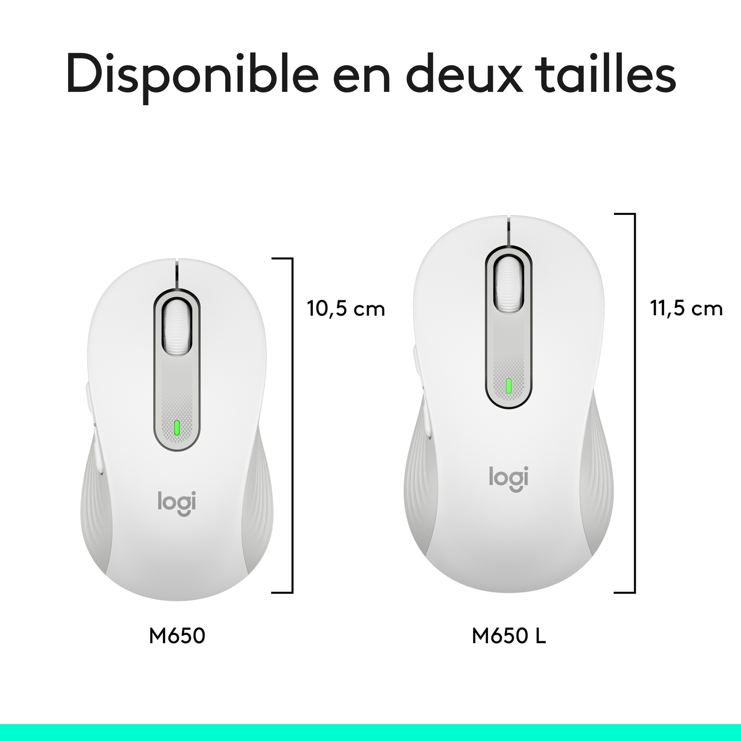 Deux souris blanches, une plus petite et une plus grande. Les dimensions sont indiquées avec 10,5 cm et 11,5 cm.