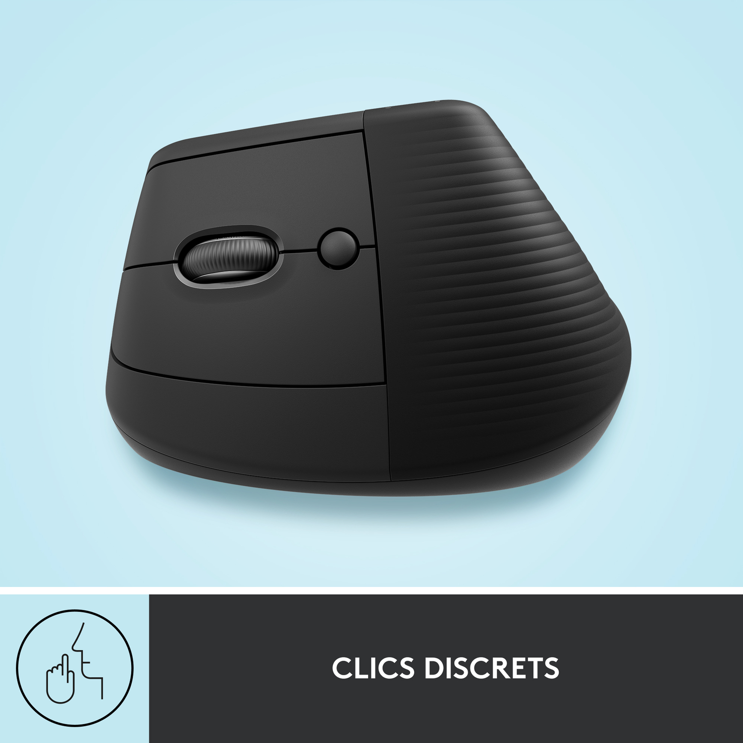 Souris ergonomique noire, vue de côté. Elle possède une molette et un bouton. Le texte indique 'Clics discrets'.