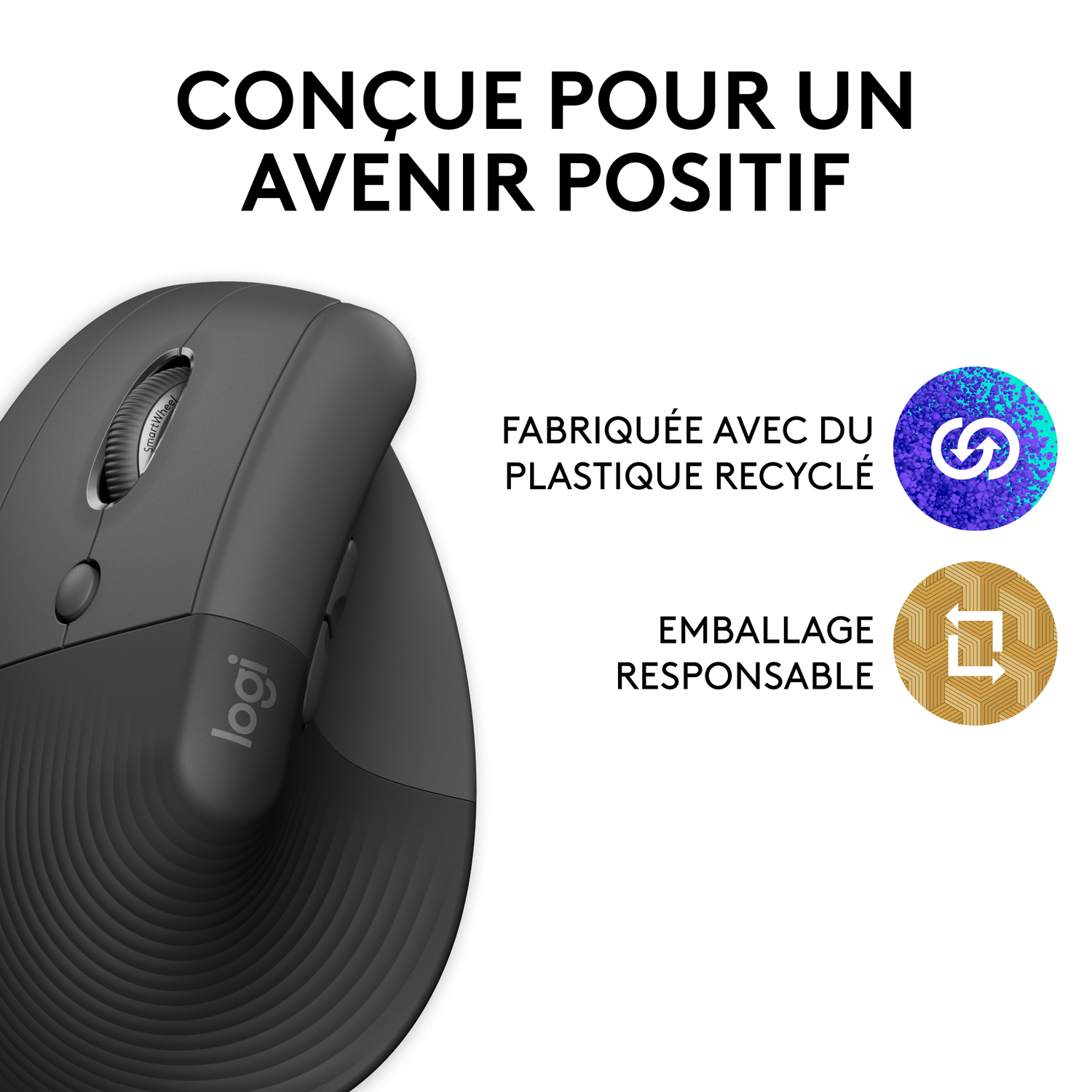 Souris noire avec plastique recyclé et emballage responsable, conçue pour un avenir positif.