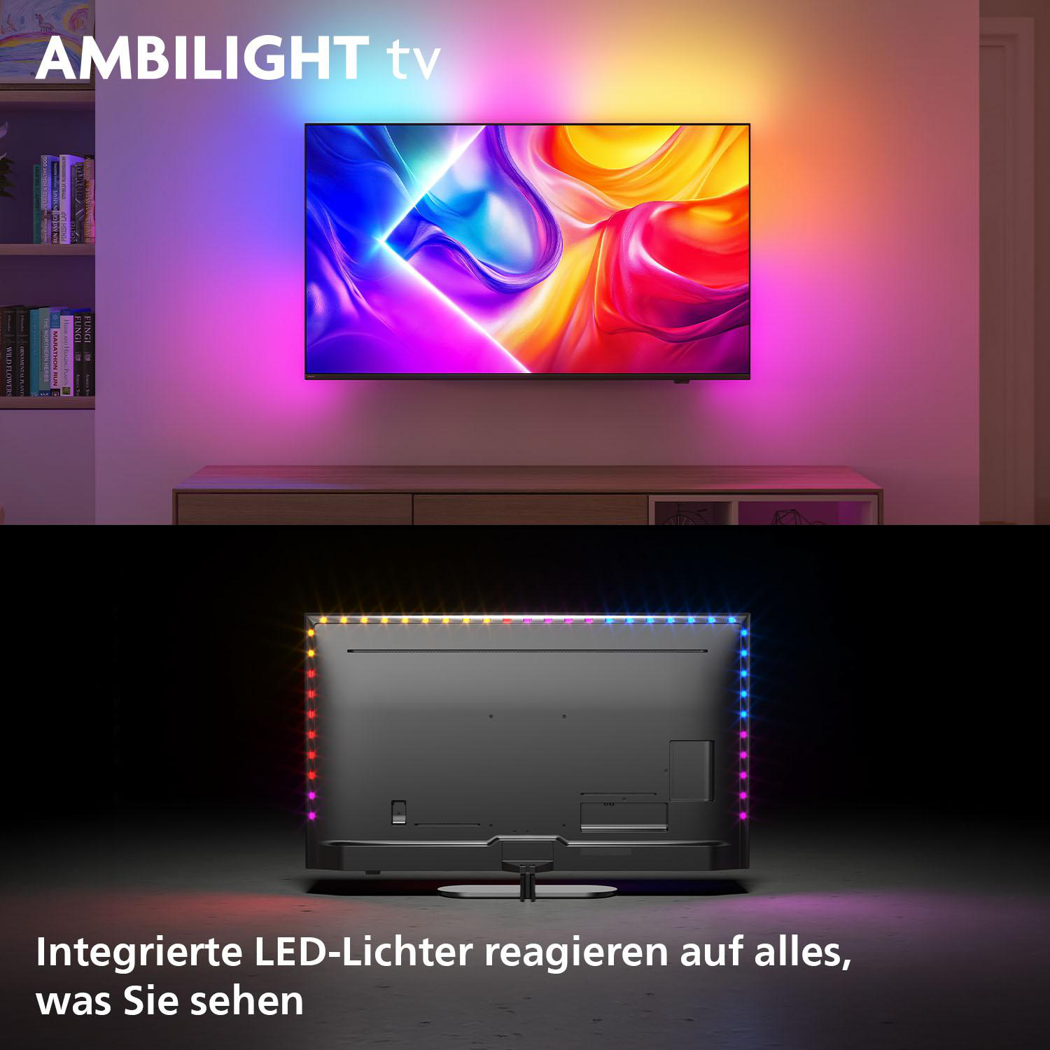 Ambilight-TV mit bunten Lichtern. Der Fernseher steht auf einem Holzschrank und die Rückseite zeigt LED-Leuchten.