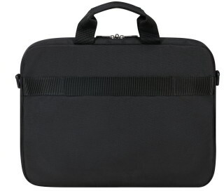 Fekete laptop táska vállpánttal. A táska egyszerű, látható design nélkül.