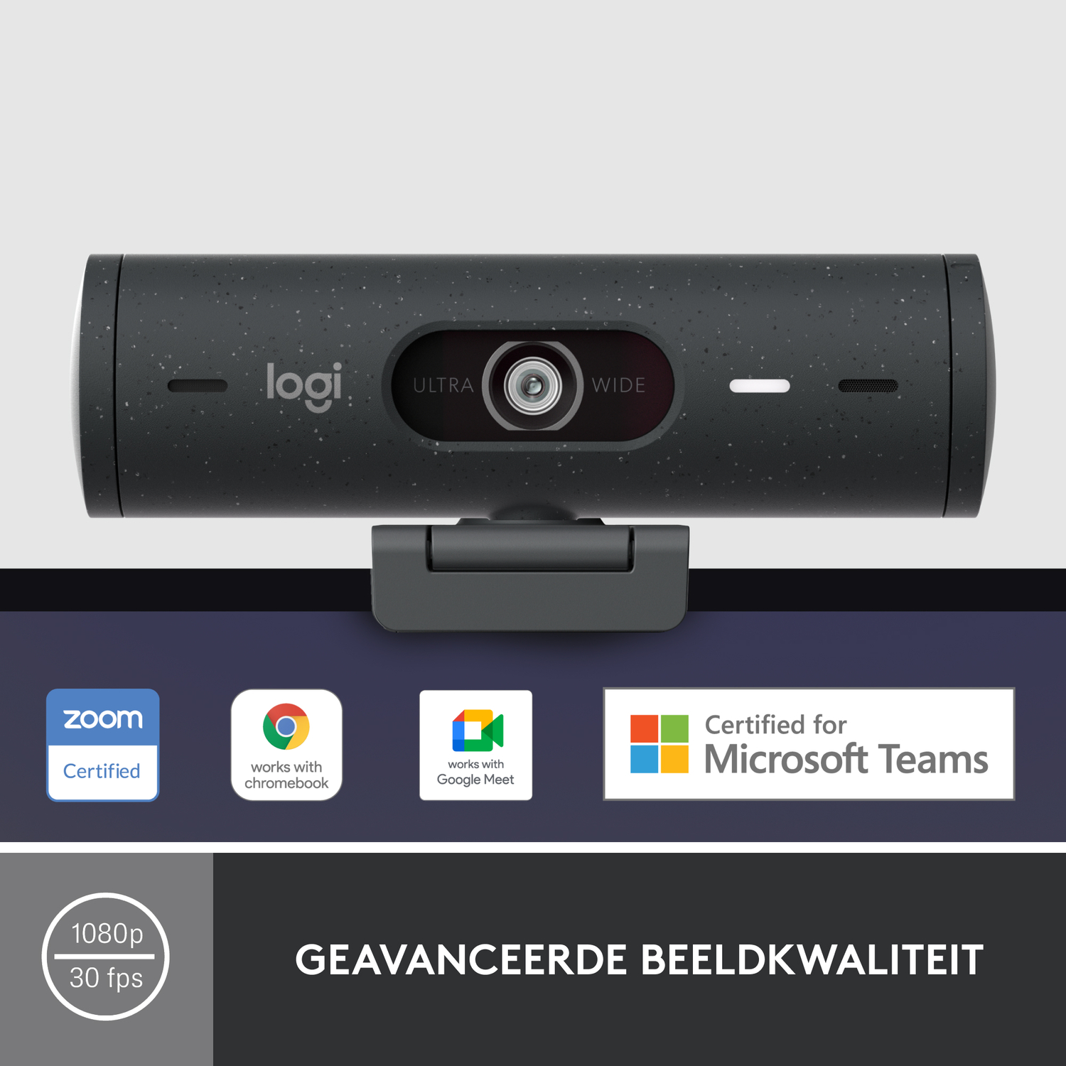 Black webcam with 'Logi' and 'Ultra Wide' labels. Certified for Microsoft Teams.