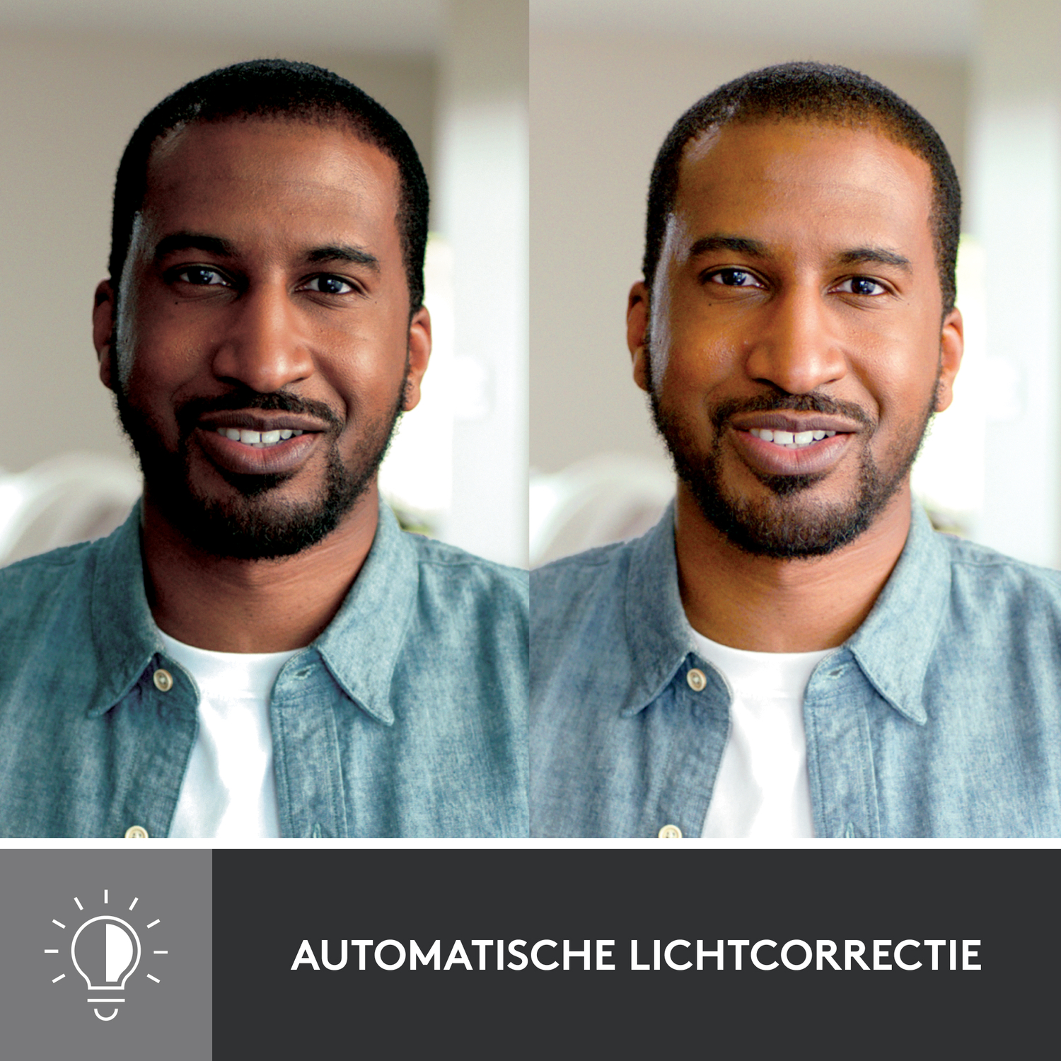 Two portraits of a man, with and without automatic light correction.