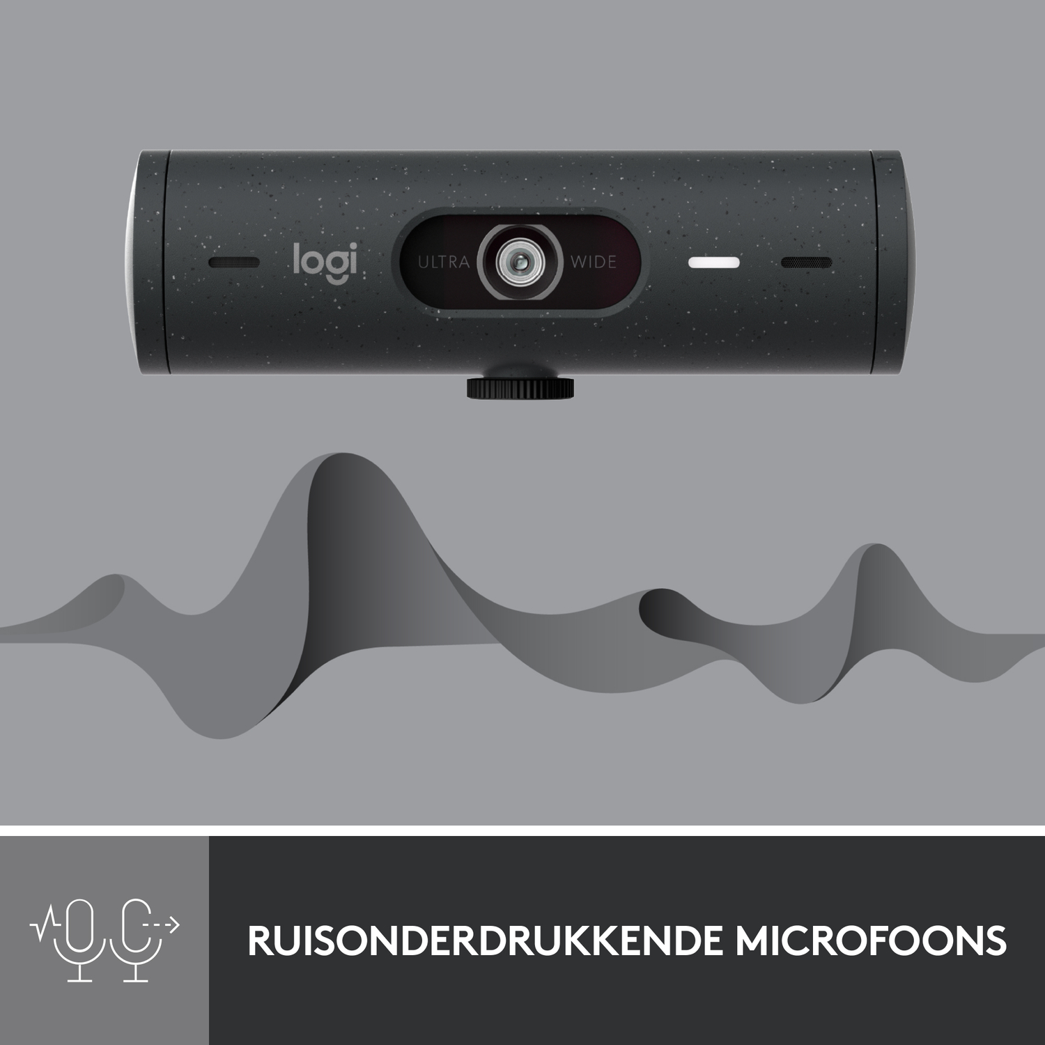 Black webcam with gray background, shows a sound wave illustration.