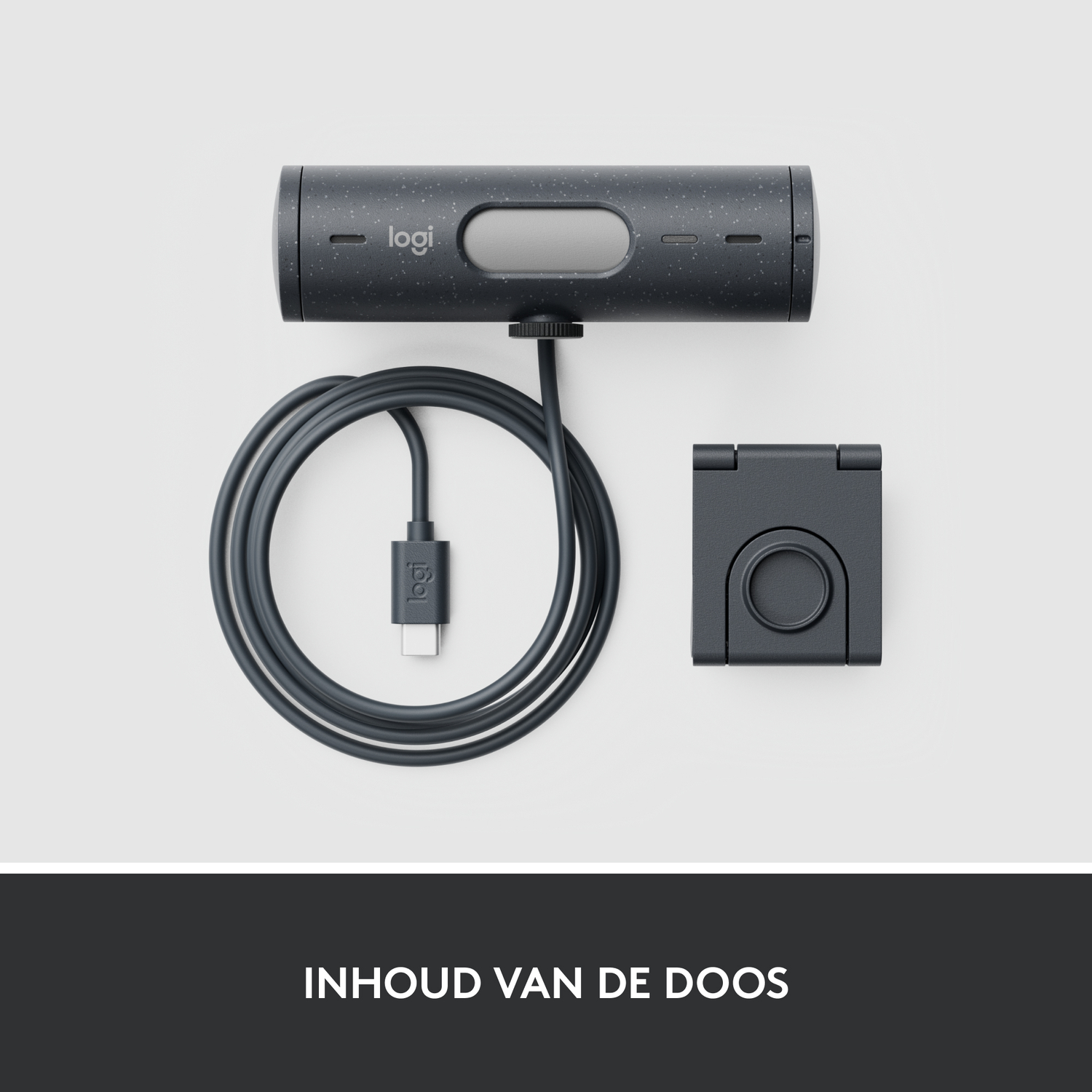 Webcam with cord, plus a stand. All items are black.