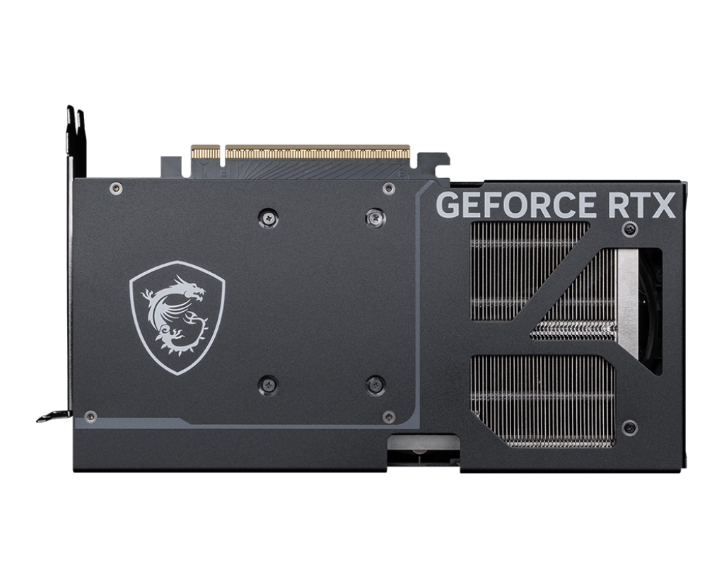 Schwarze MSI GeForce RTX Grafikkarte, Seitenansicht.