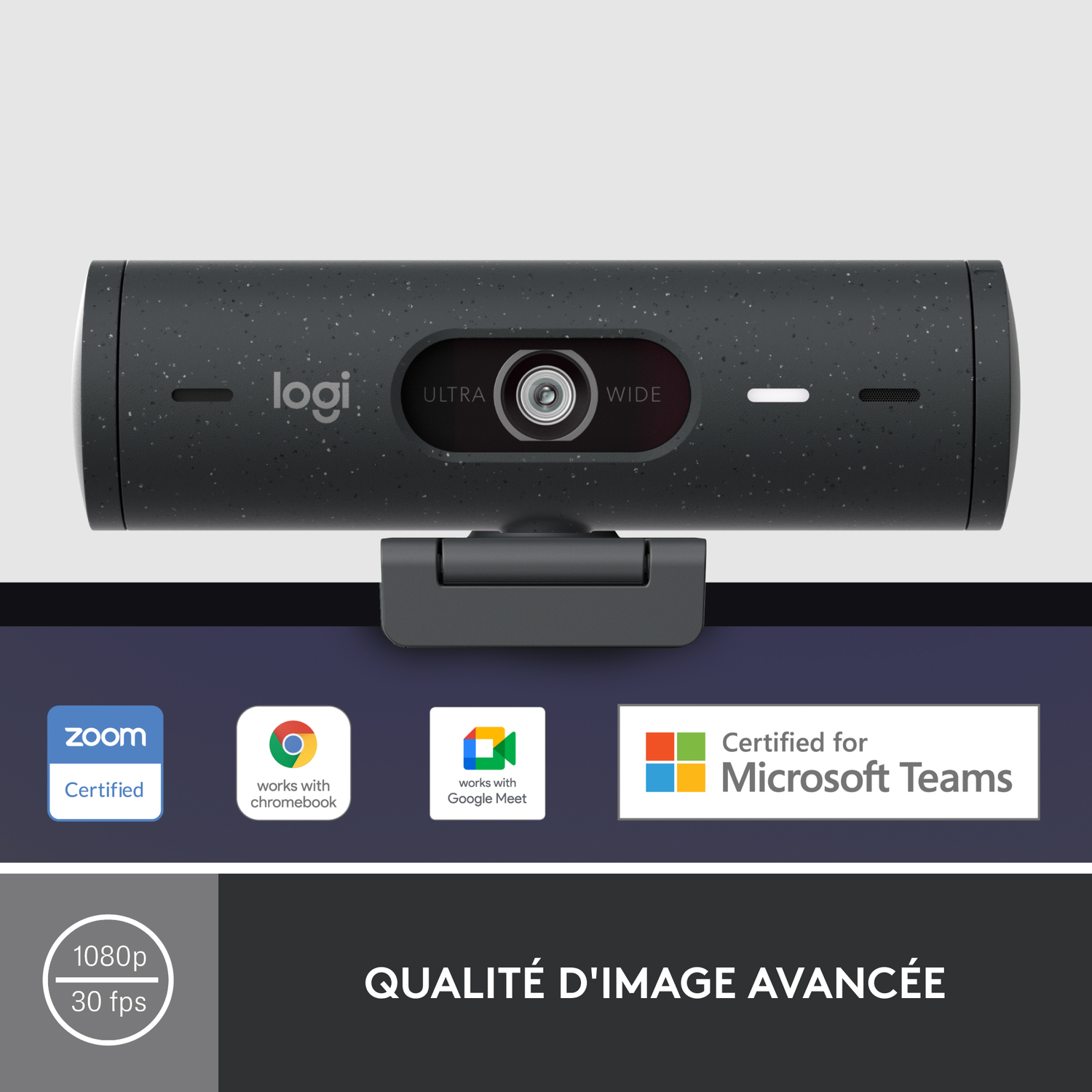 Une webcam noire avec lentille, microphone et logos, avec le texte 'QUALITÉ D'IMAGE AVANCÉE'.