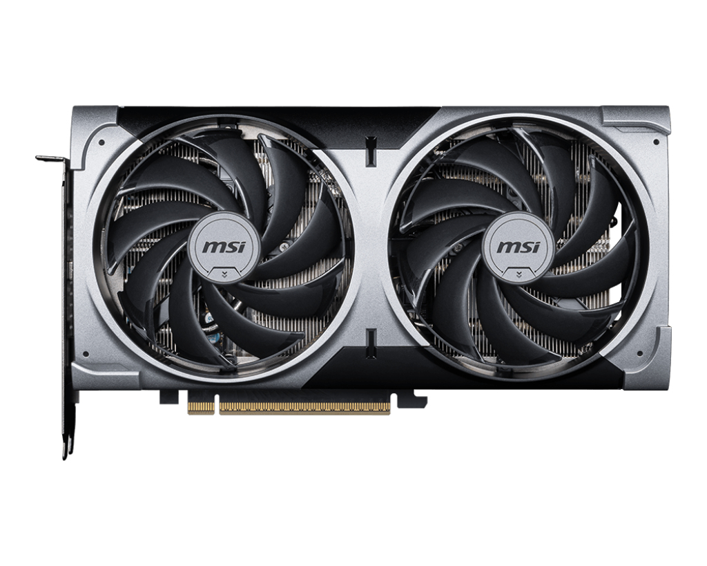 Eine silberne und schwarze MSI-Grafikkarte mit zwei Lüftern, einem Anschluss und dem MSI-Logo.