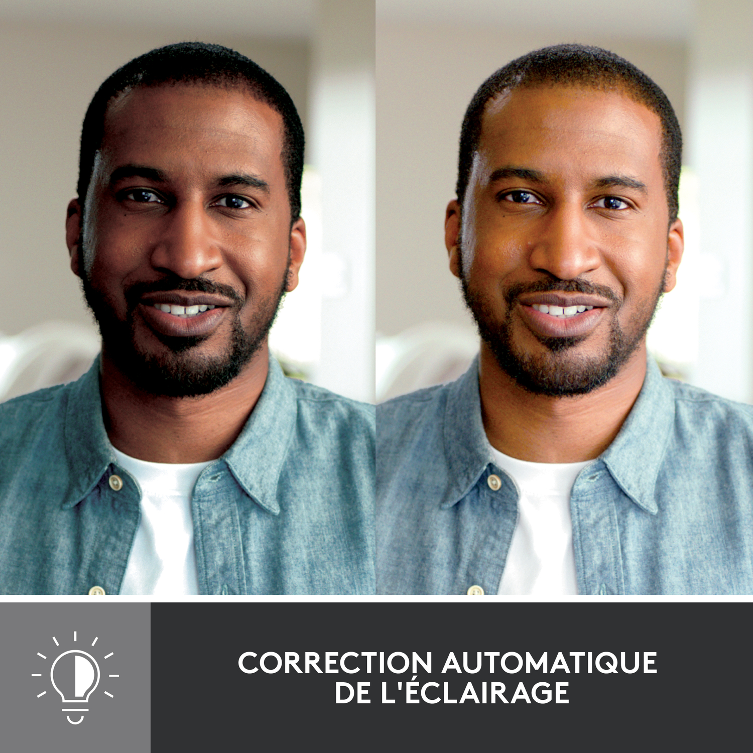 Un homme à la peau foncée sourit, présentant la fonction de correction automatique de la lumière pour une webcam.
