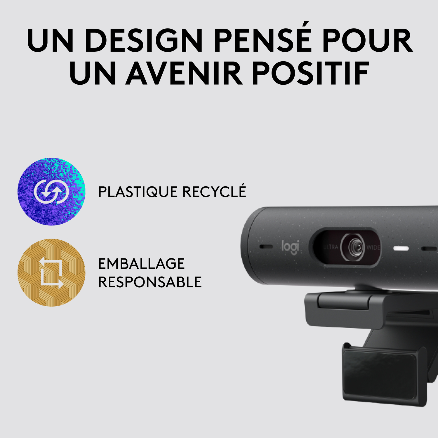 Webcam Logitech avec texte sur plastique recyclé et emballage responsable.