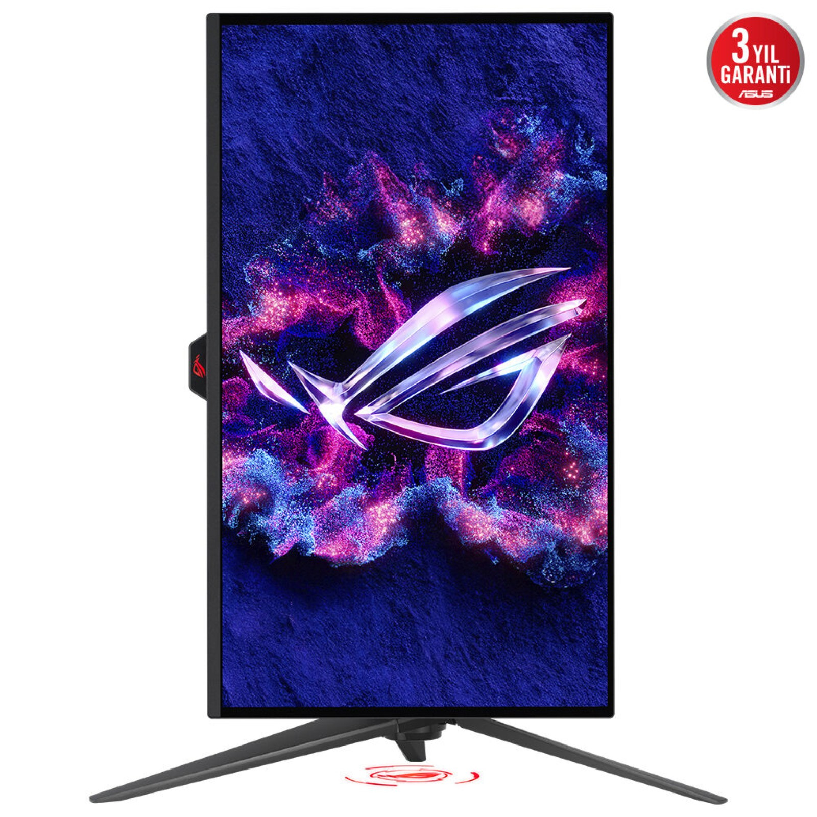 Ein vertikaler Computermonitor, der ein abstraktes Design anzeigt, mit einem Ständer und dem ASUS-Logo, vor weißem Hintergrund.