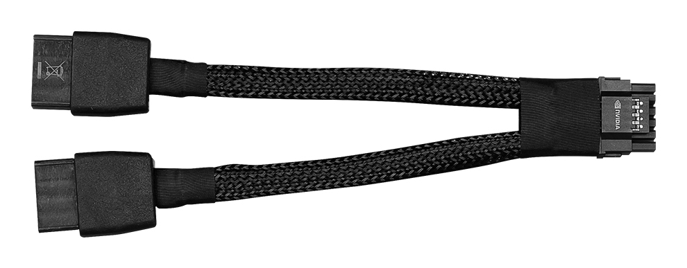 Zwei schwarze Nvidia-Stromadapterkabel. Die Kabel haben Anschlüsse an jedem Ende. Das Nvidia-Logo ist sichtbar.
