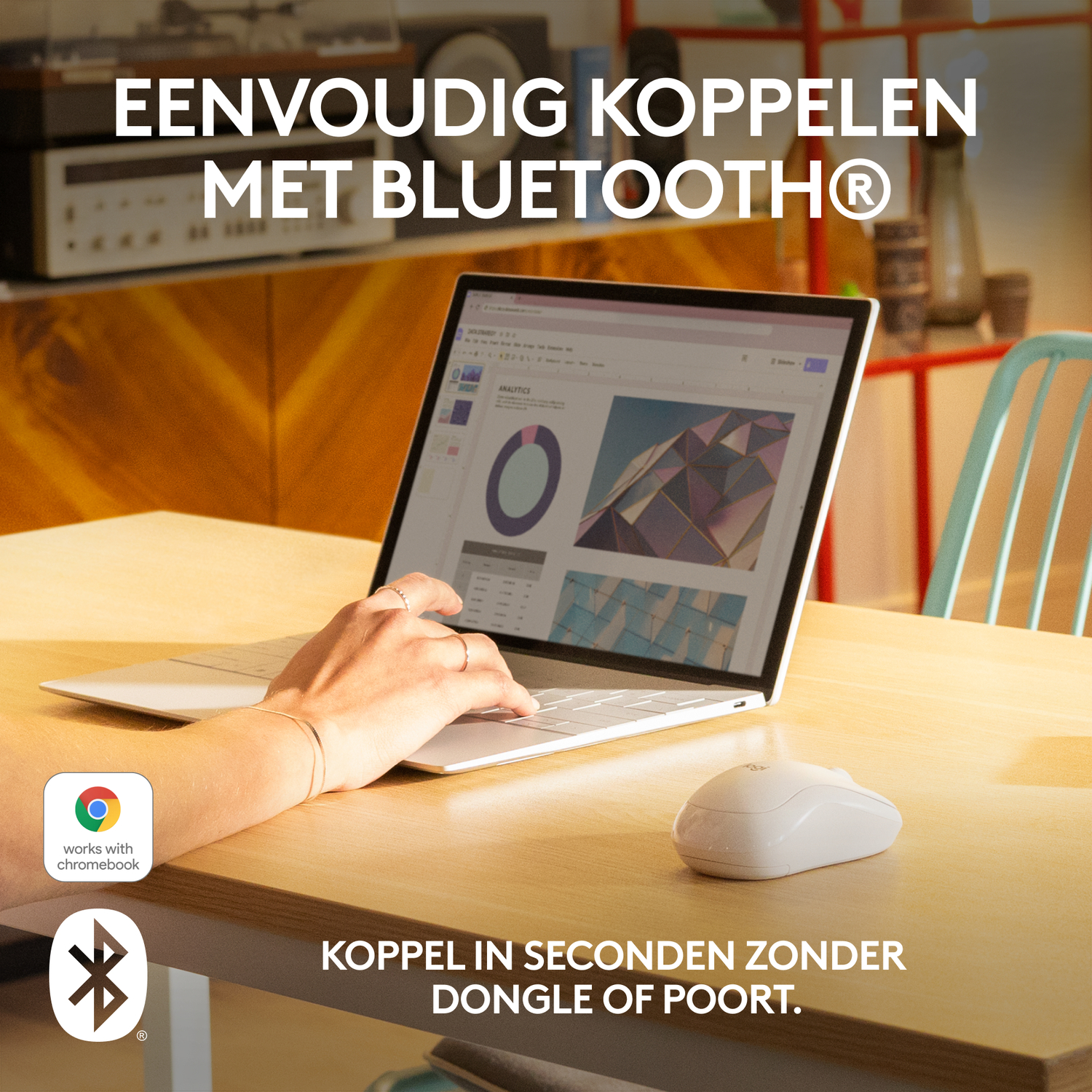 A laptop on a wooden table, and a white mouse is beside it. The text says: Easy pairing with Bluetooth.