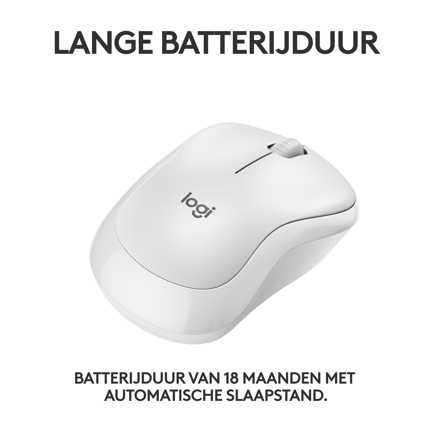 A white Logitech mouse with a scroll wheel, and text about long battery life.