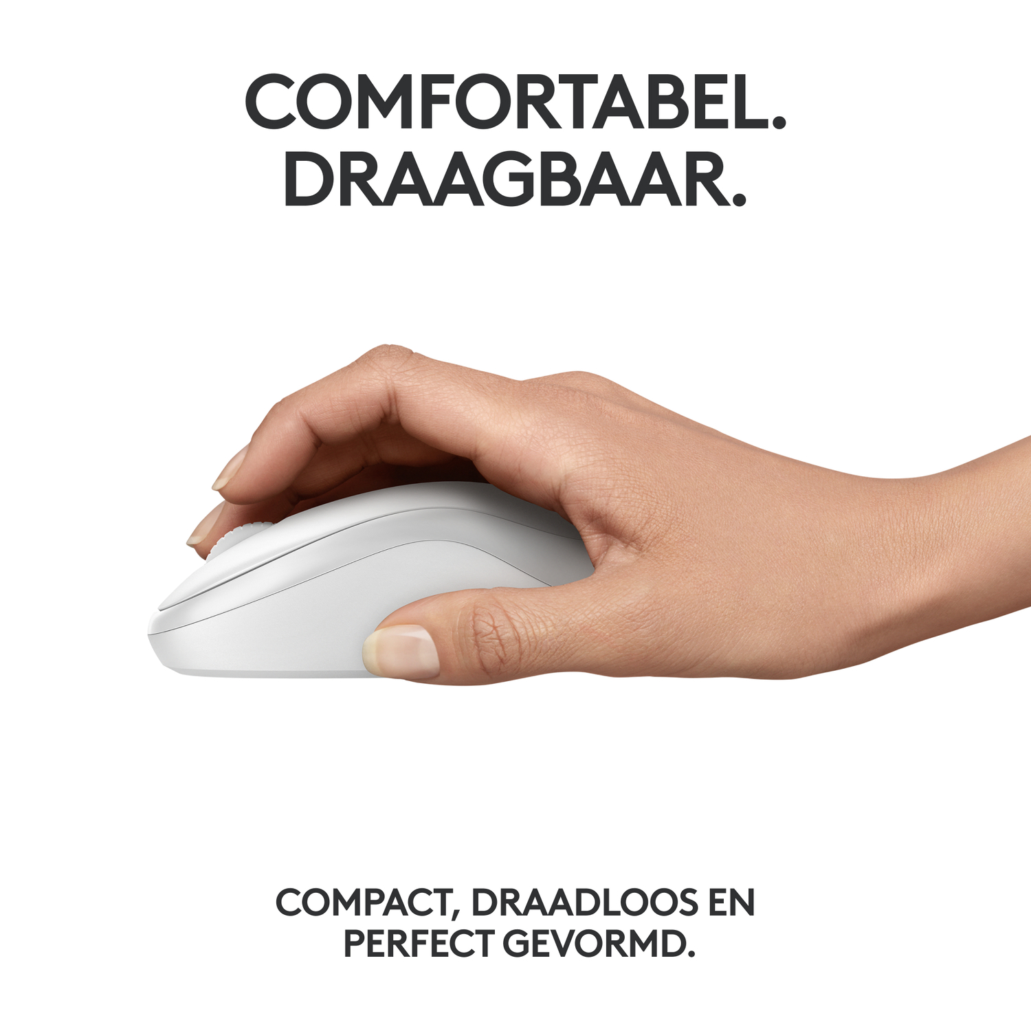 Hand holding a white wireless mouse, side view.