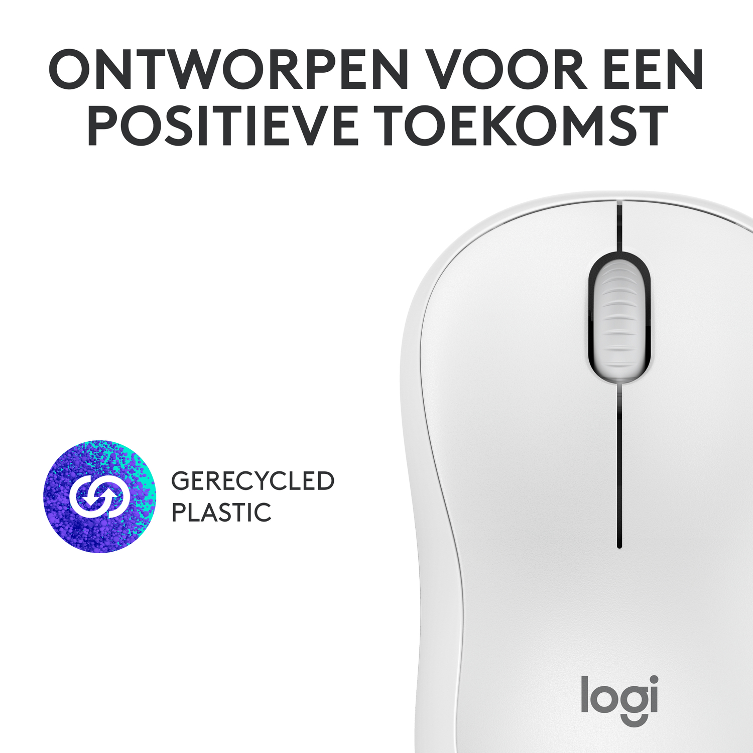 White mouse with a logo. Recycled plastic text.