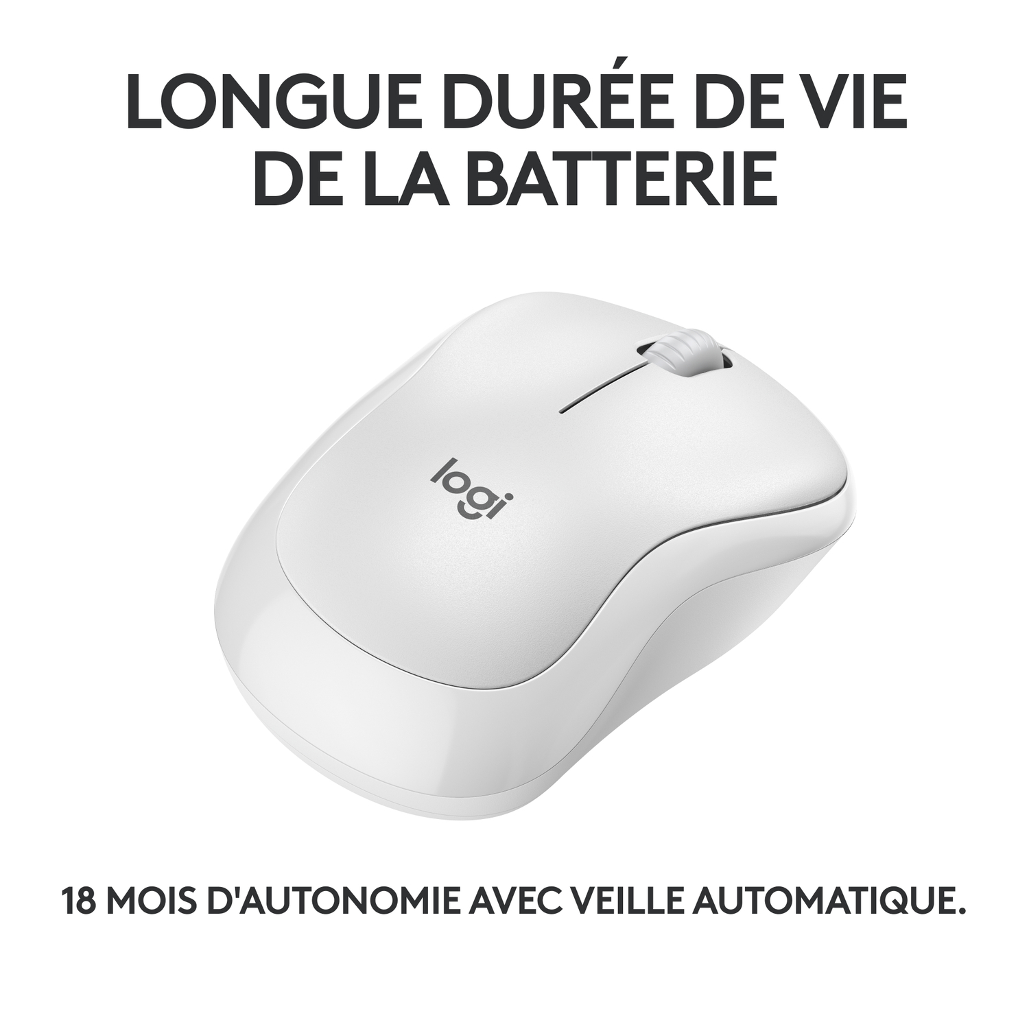 Souris blanche avec une molette de défilement. Le texte dit 'Longue durée de vie de la batterie' et '18 mois avec veille automatique'.