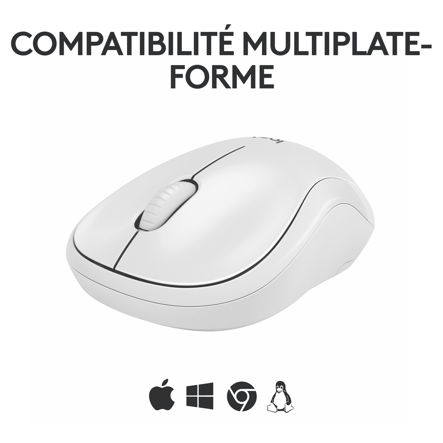 Souris sans fil blanche avec molette. Texte au-dessus, symboles de compatibilité.
