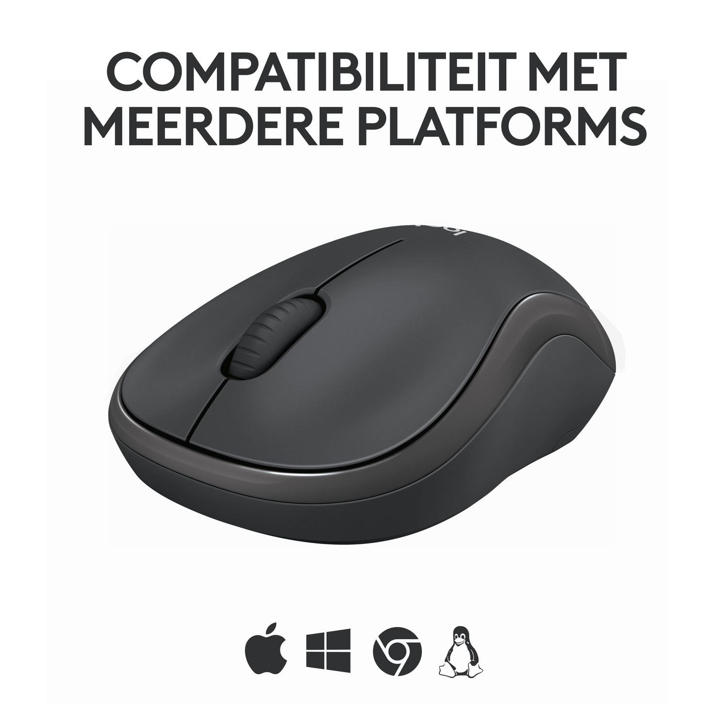 Zwarte muis. Compatibel met meerdere platforms. Logo's voor Apple, Windows, Chrome en Linux.