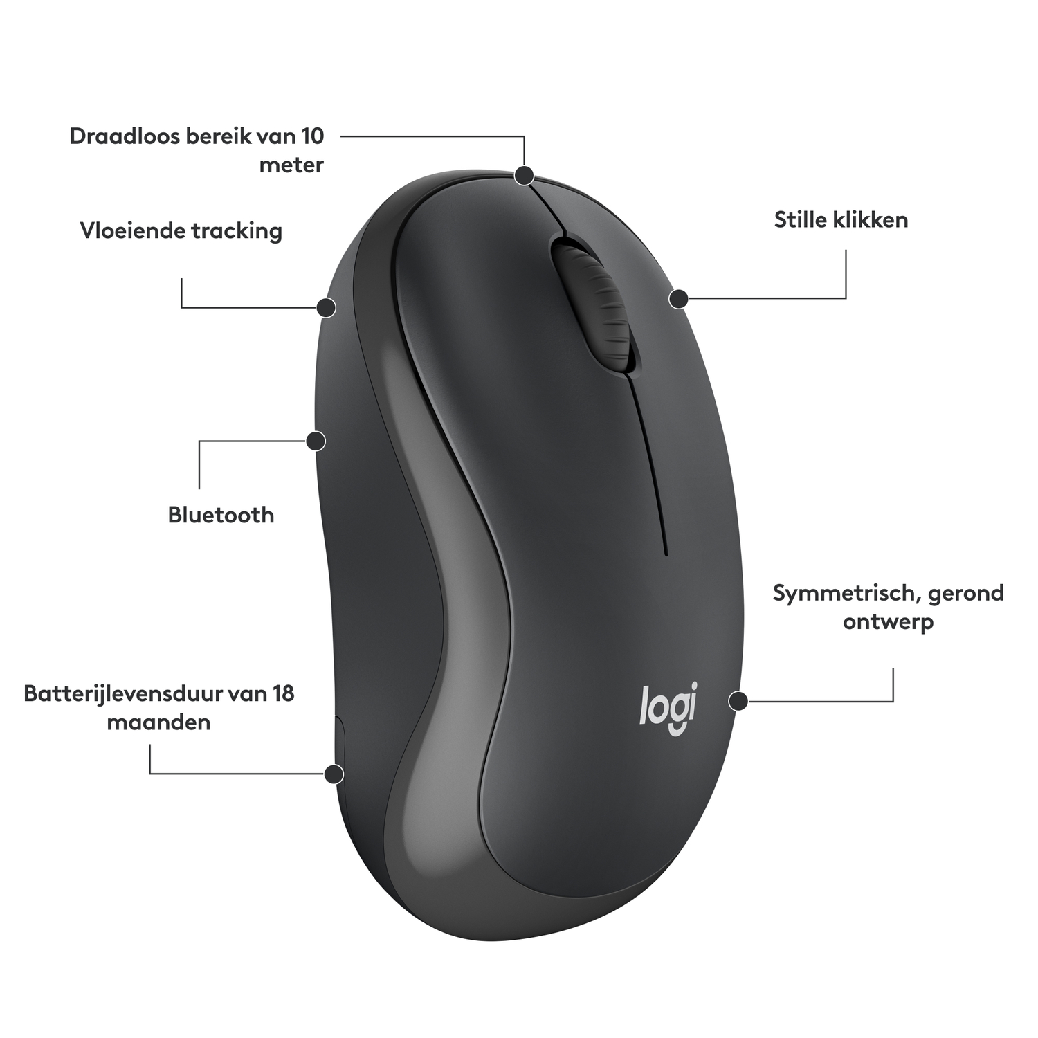 Zwarte draadloze muis met labels die functies zoals Bluetooth, stille klikken en batterijduur aangeven.
