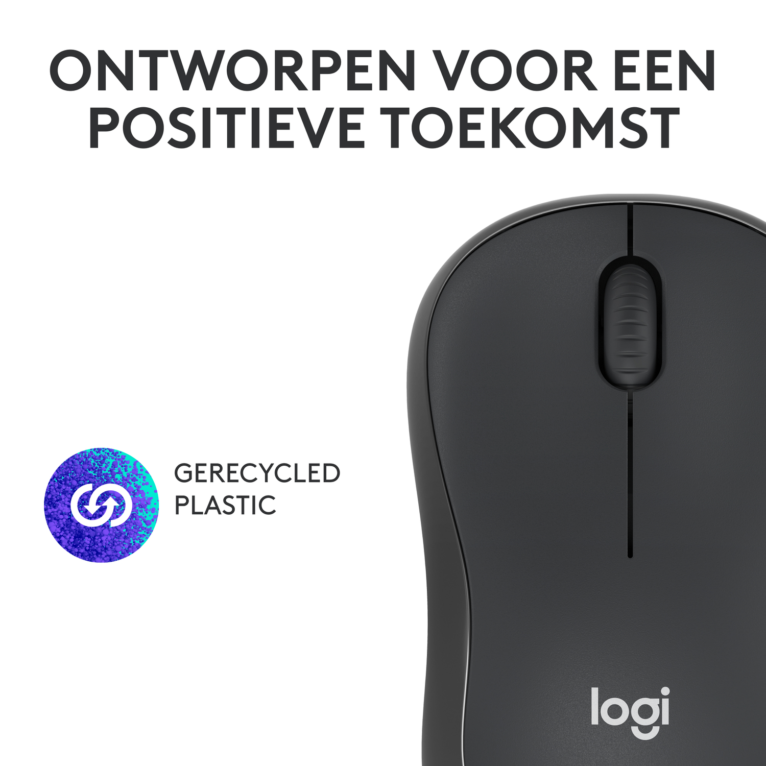 Zwarte muis. Logo voor gerecycled plastic. Het woord Logi is zichtbaar.