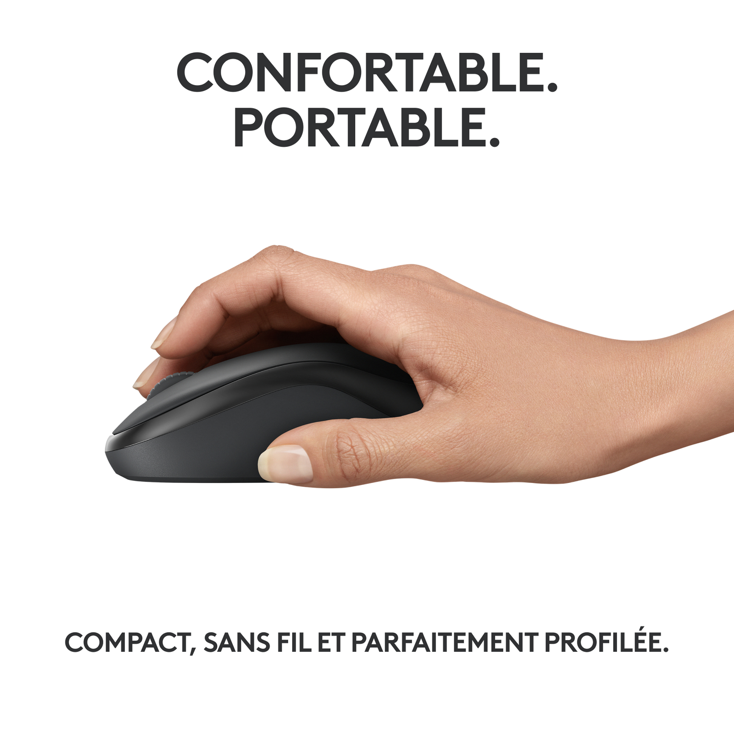 Main utilisant une souris noire sur fond blanc avec texte sur la portabilité.