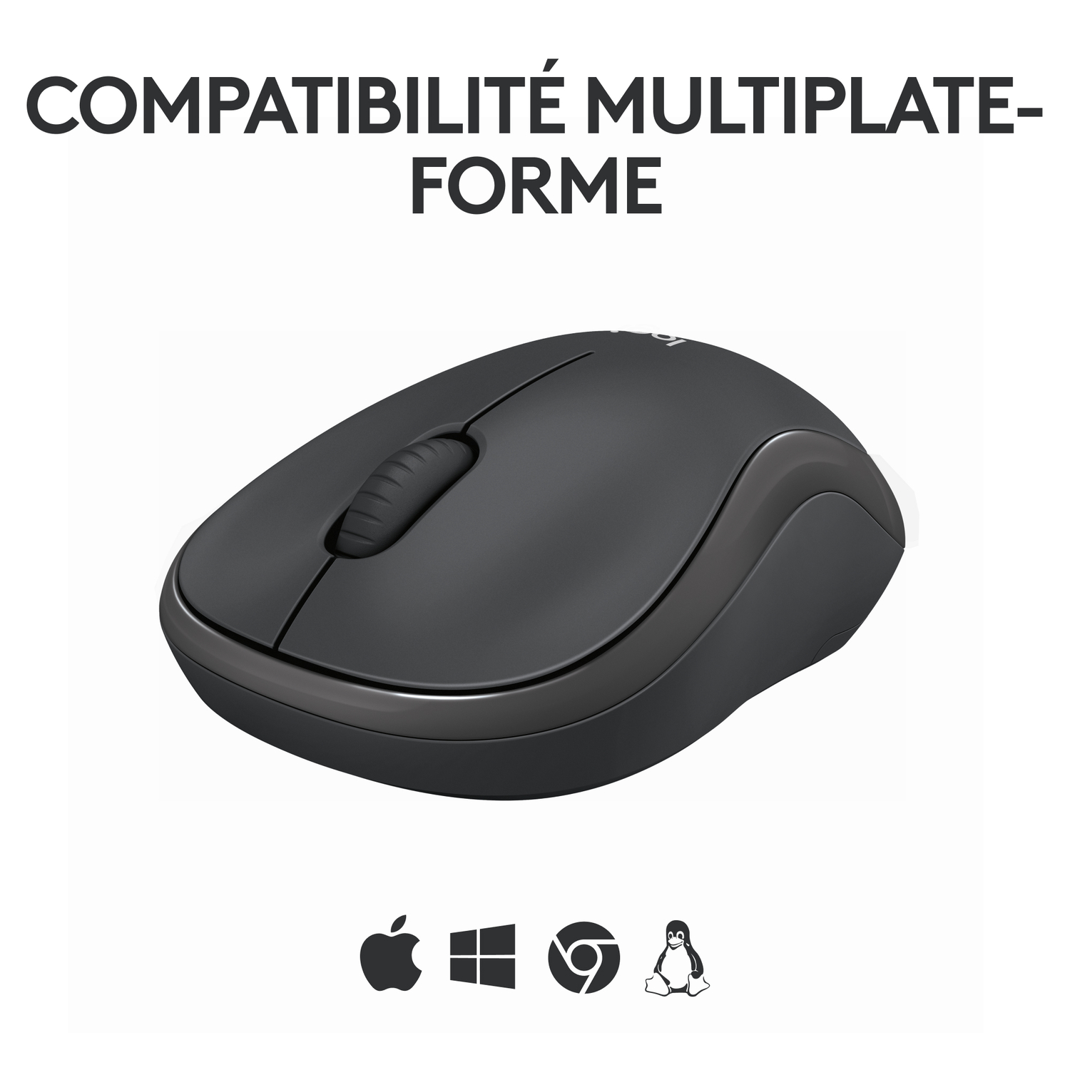 Une souris sans fil noire avec une molette de défilement, sur fond blanc avec des icônes.