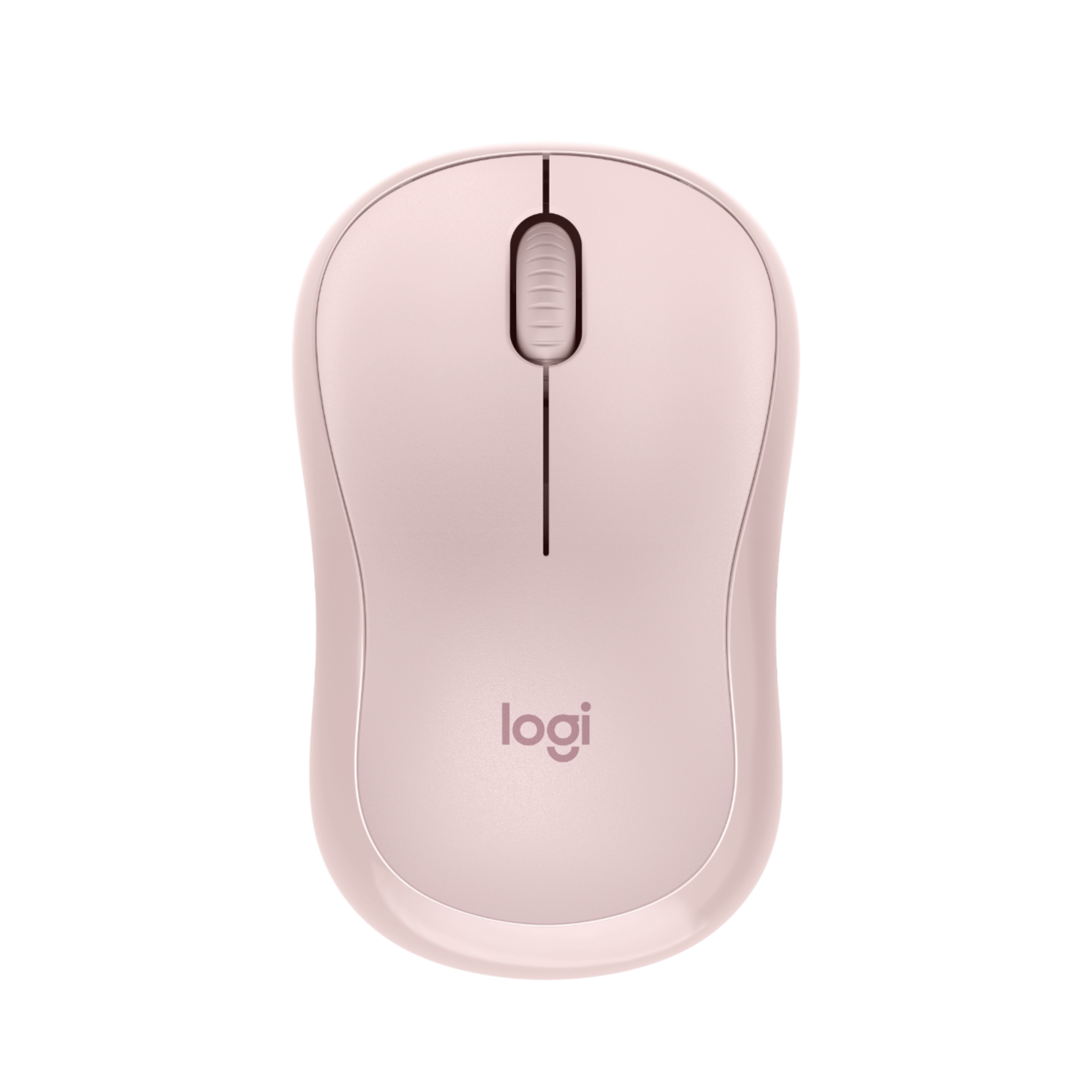 Een lichtroze Logitech draadloze muis. Heeft een scrollwiel en een logo onderaan.