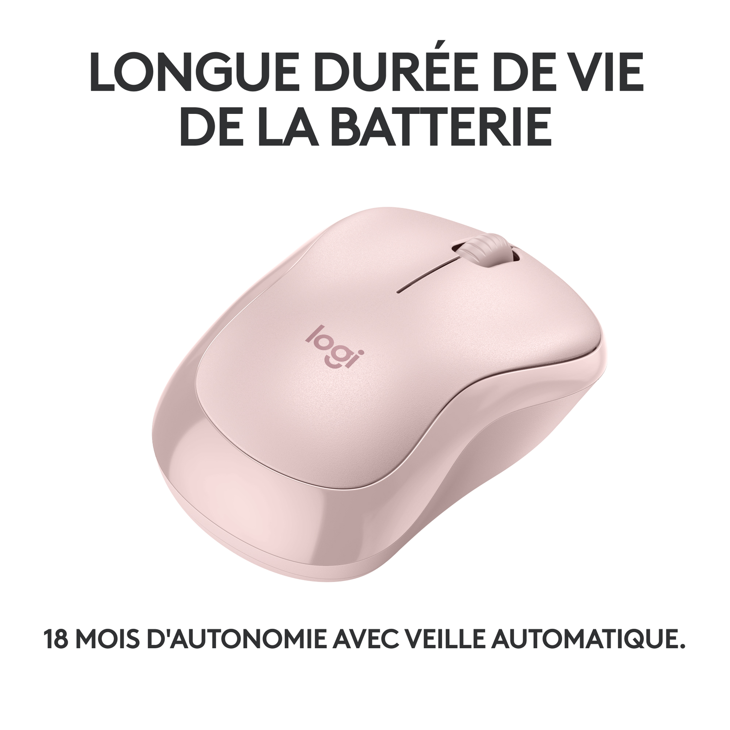 Une souris sans fil rose avec le logo Logi et du texte indiquant une longue durée de vie de la batterie.
