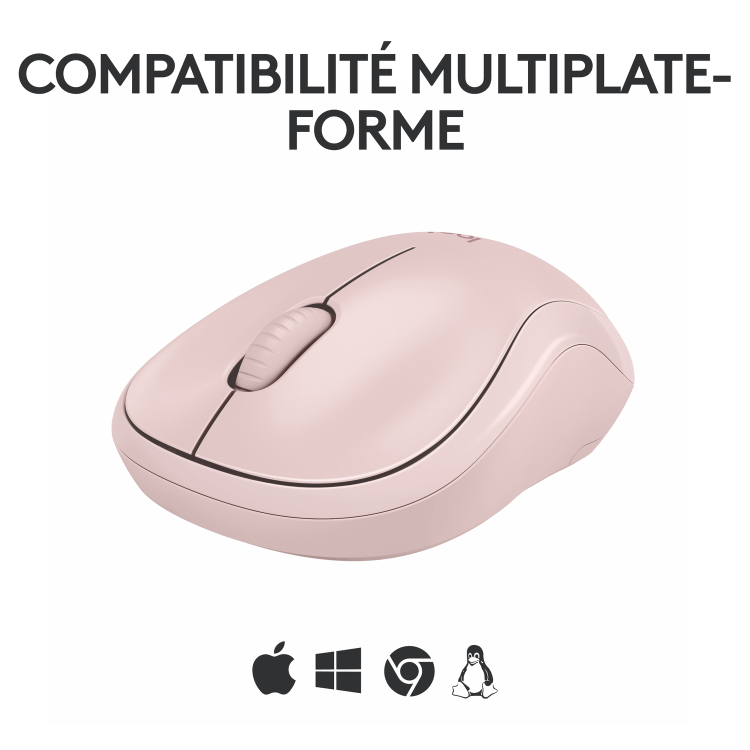 Souris sans fil rose, texte au-dessus et icônes de plateforme en dessous.
