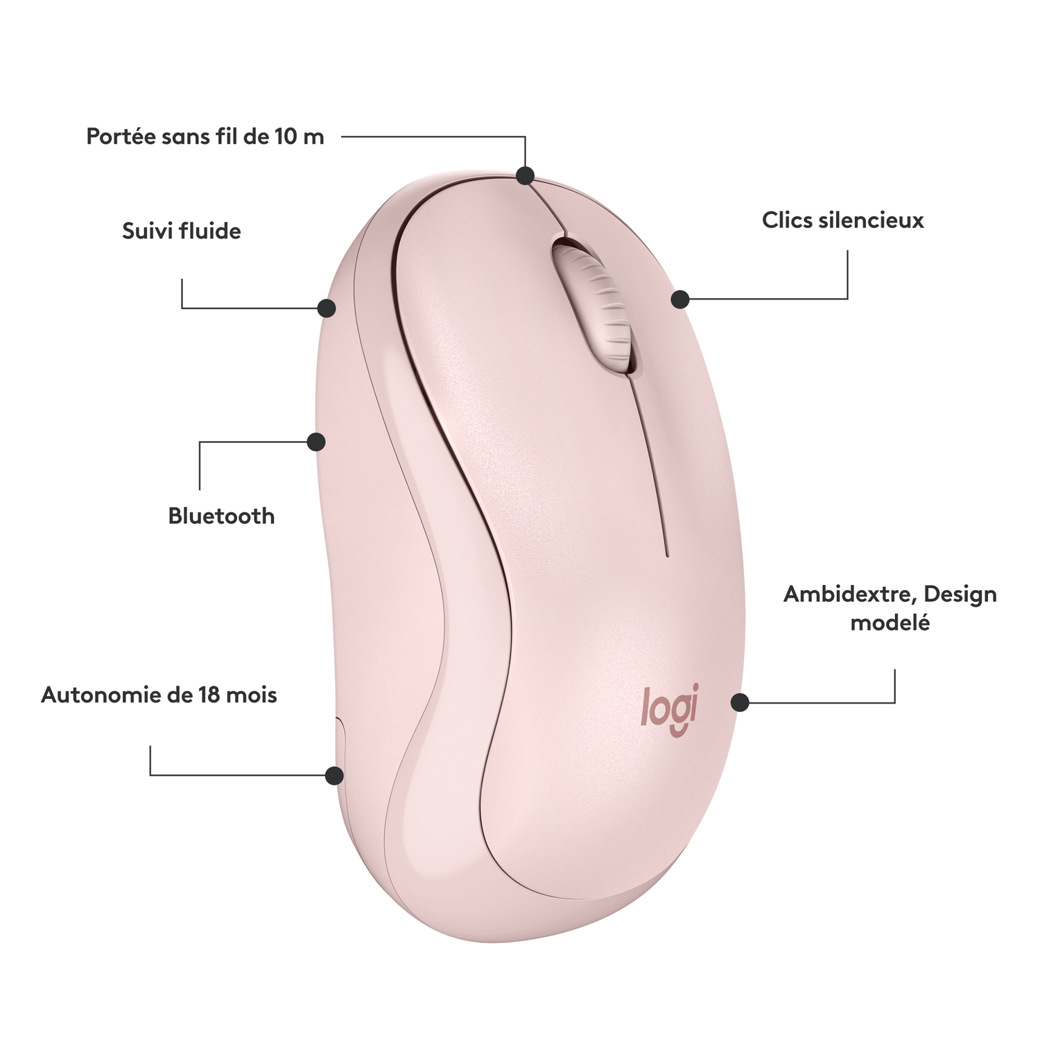 Souris rose avec indications: Bluetooth, clics silencieux, design ambidextre. Logo visible. Fond blanc.