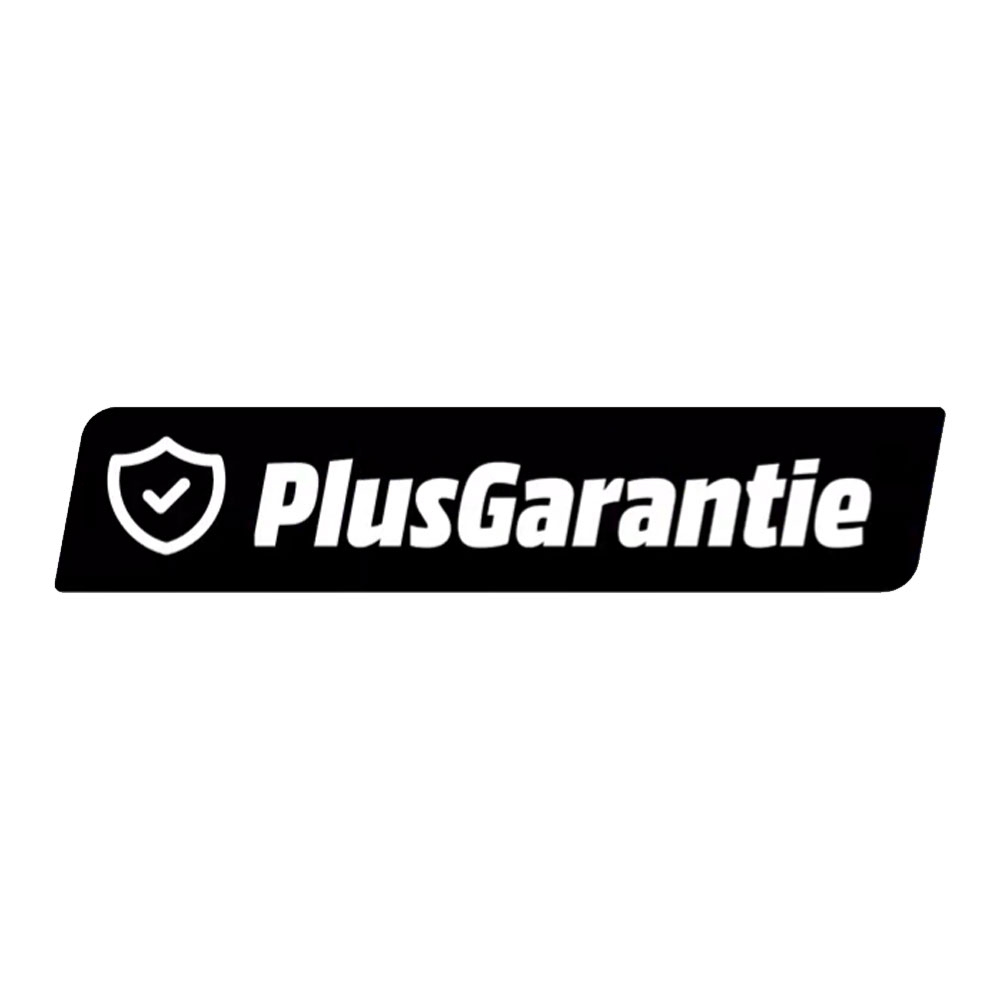 PlusGarantie Logo, schwarzer Hintergrund mit weißem Häkchen und Text.