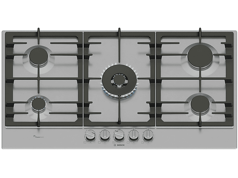 Bosch Pcr9A5I90 Piano Cottura Gas, 5 zone di cotura, dimensioni: L 91,5 cm, P 52 piano in Acciaio inossidabile, Inox