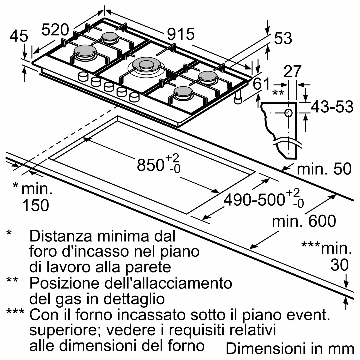 Schema di un piano cottura a gas da incasso con misure in mm. Include dimensioni e dettagli tecnici.