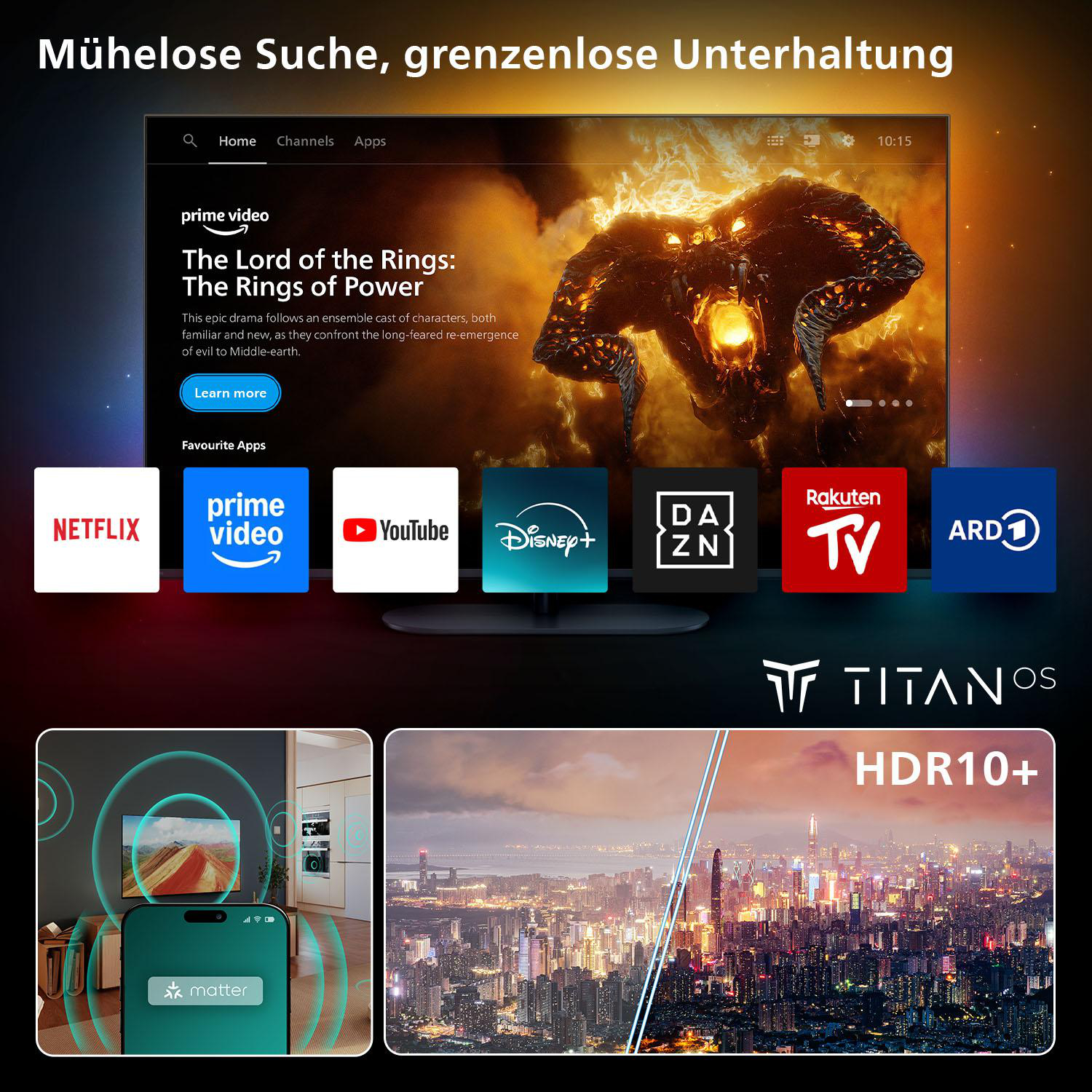 Ein Fernsehbildschirm zeigt ein Menü mit App-Symbolen. Ein Smartphone befindet sich unten links. Stadtbild unten.
