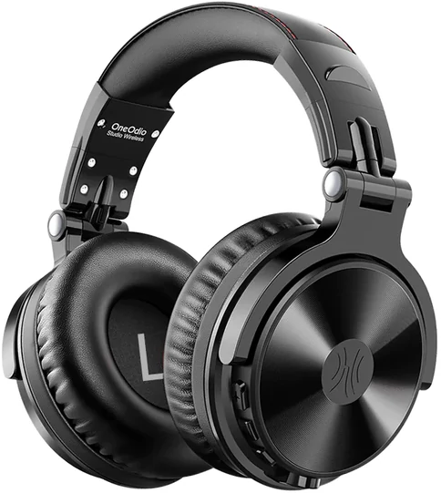 Fekete OneOdio Studio Wireless fejhallgató, L betűvel a bal oldali fülhallgatón.