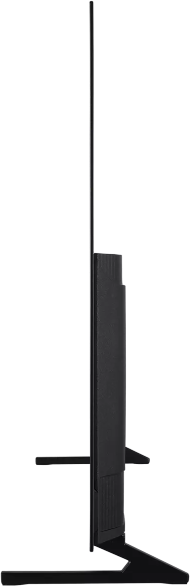 Téléviseur noir de côté, avec un pied, sur fond noir.