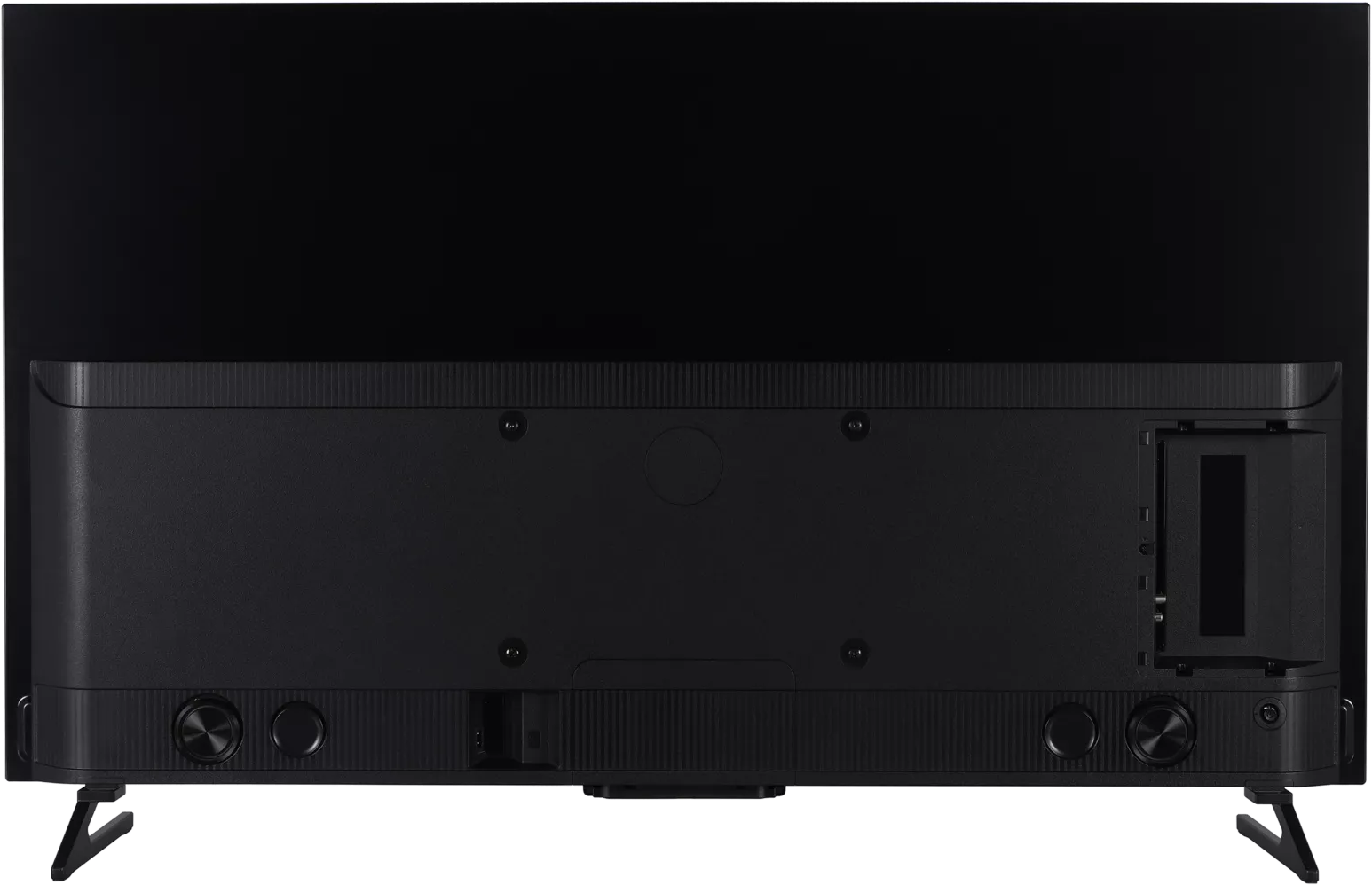 Dos TV noir avec ports et pieds.