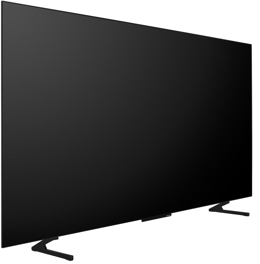 Schwarzer Flachbildfernseher mit zwei Füßen. Winkelansicht, die den Bildschirm zeigt.