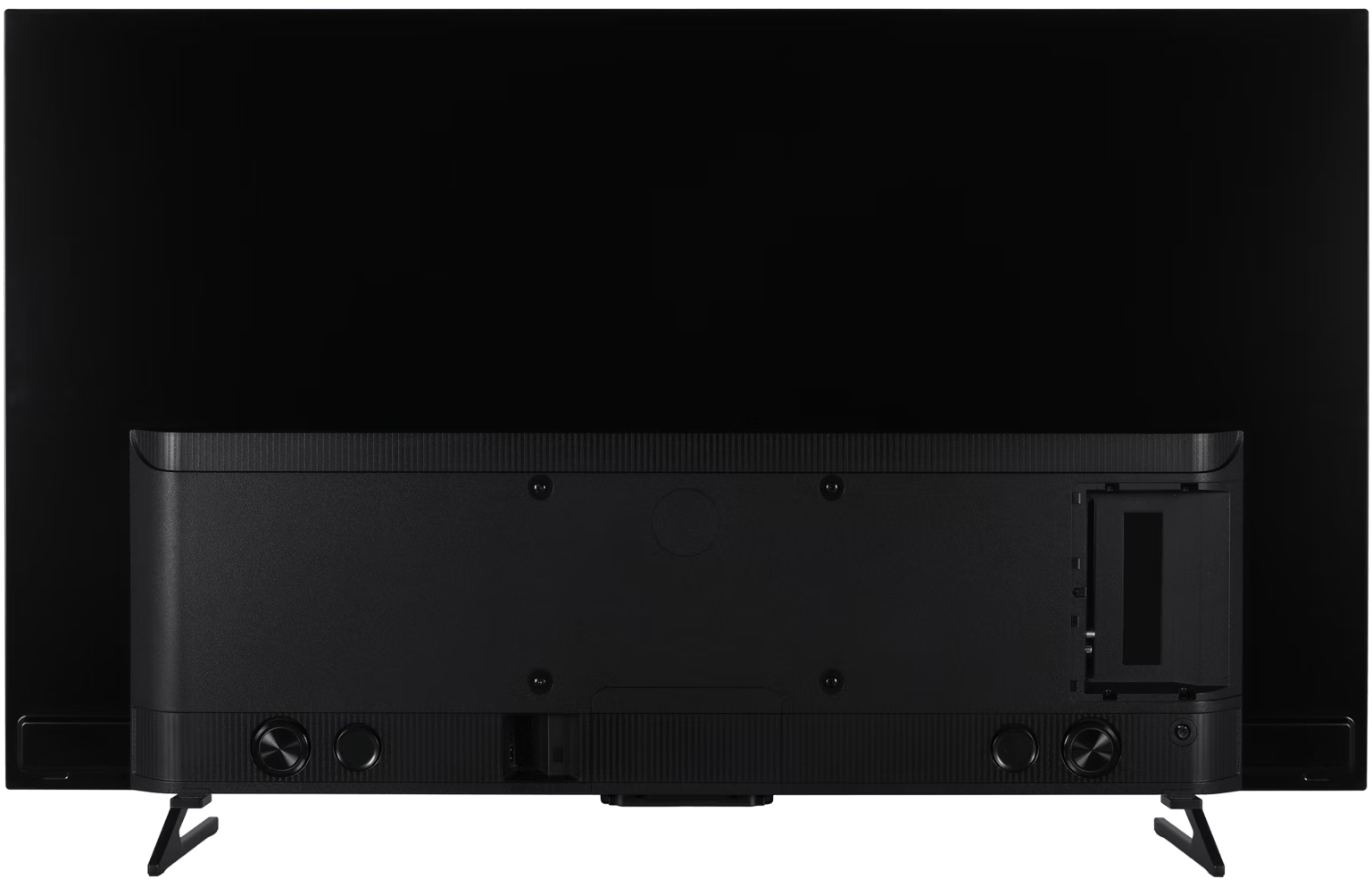 Rückseite eines schwarzen TCL-Fernsehers mit sichtbaren Anschlüssen und Lautsprechern.