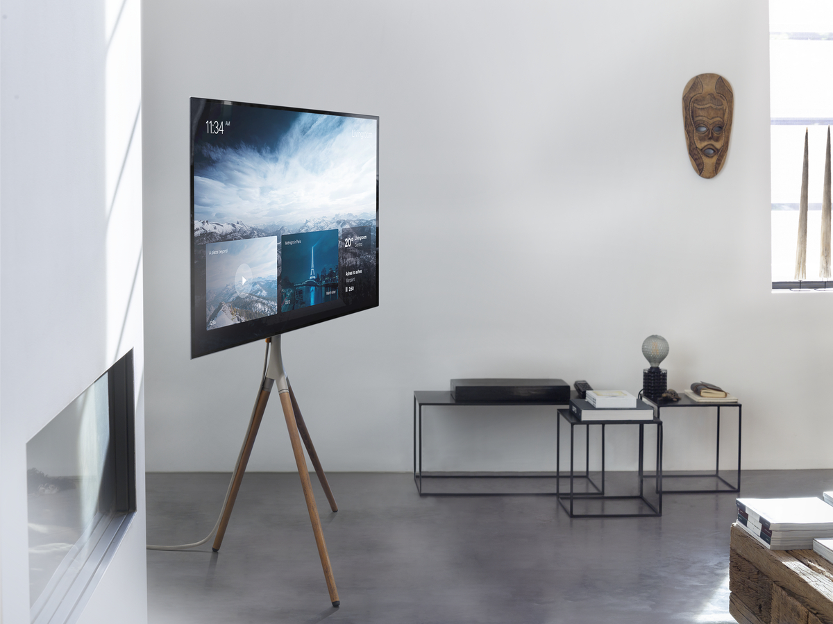 Fernseher auf Stativständer, zeigt eine Naturszene in einem modernen Wohnzimmer.