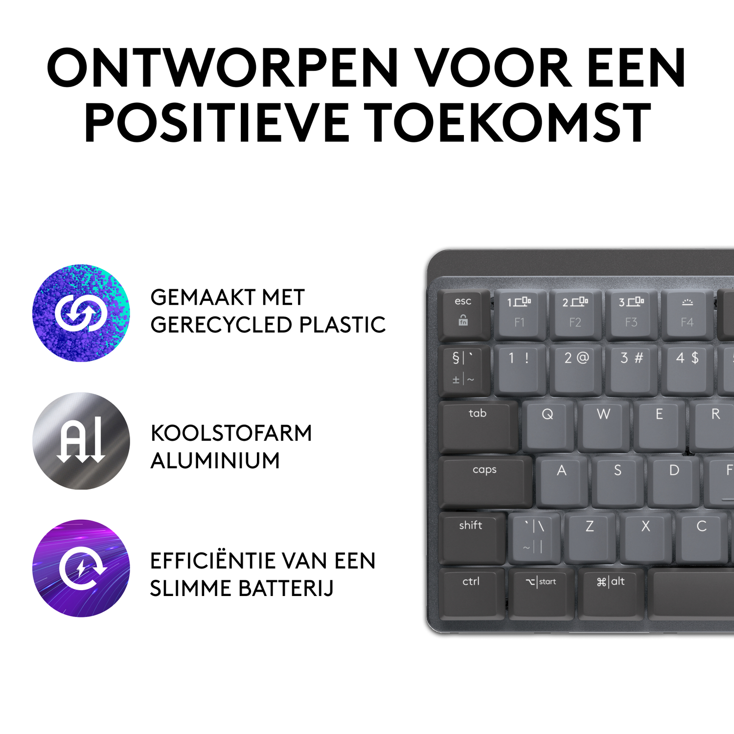 Toetsenbord met tekst: Ontworpen voor een positieve toekomst. Gemaakt van gerecycled plastic.