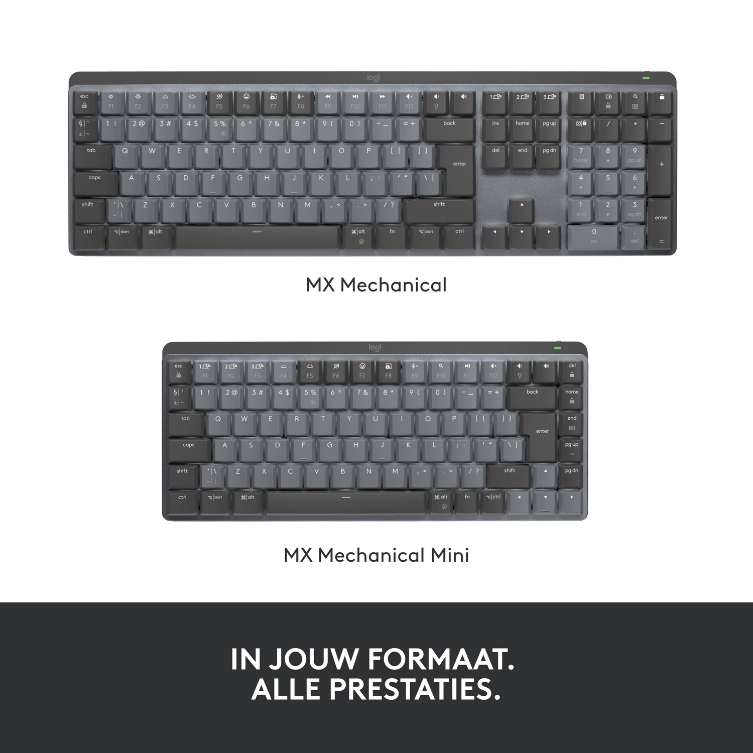 Twee toetsenborden, zwart en grijs, naast elkaar. Tekst over mechanische toetsenborden.