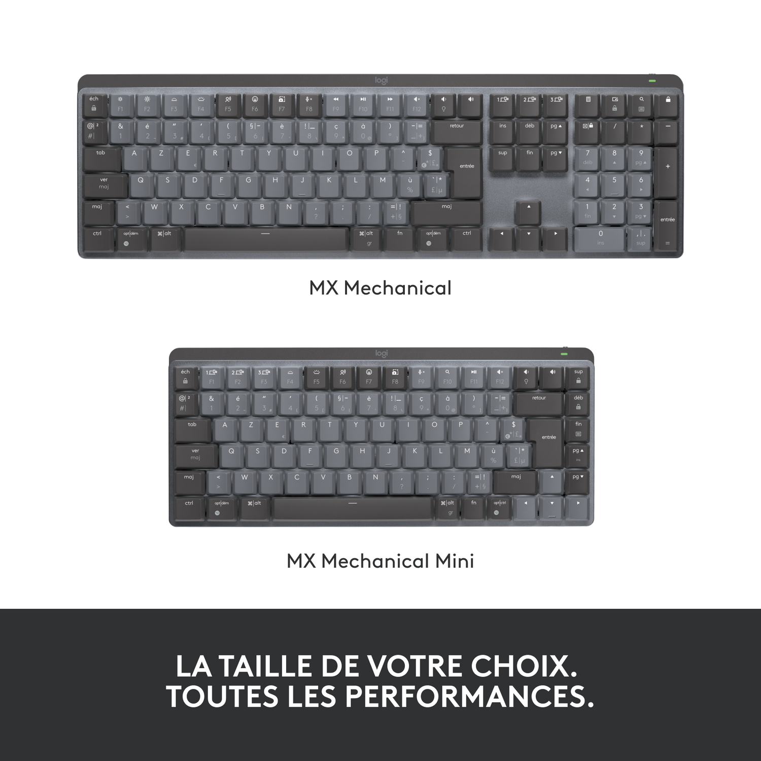 Deux claviers, MX Mechanical et MX Mechanical Mini, avec texte.
