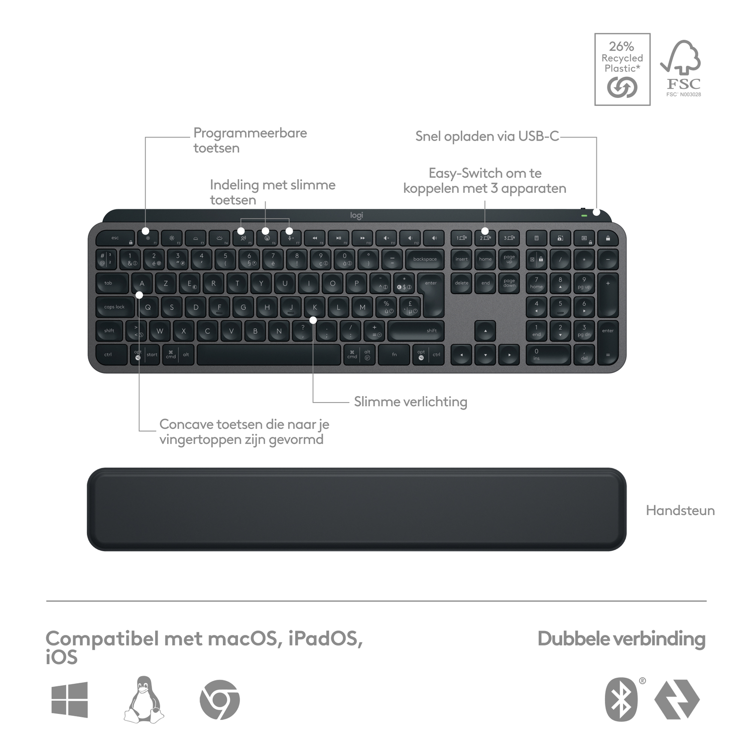 A dark gray keyboard with a black wrist rest, with labels in dutch.