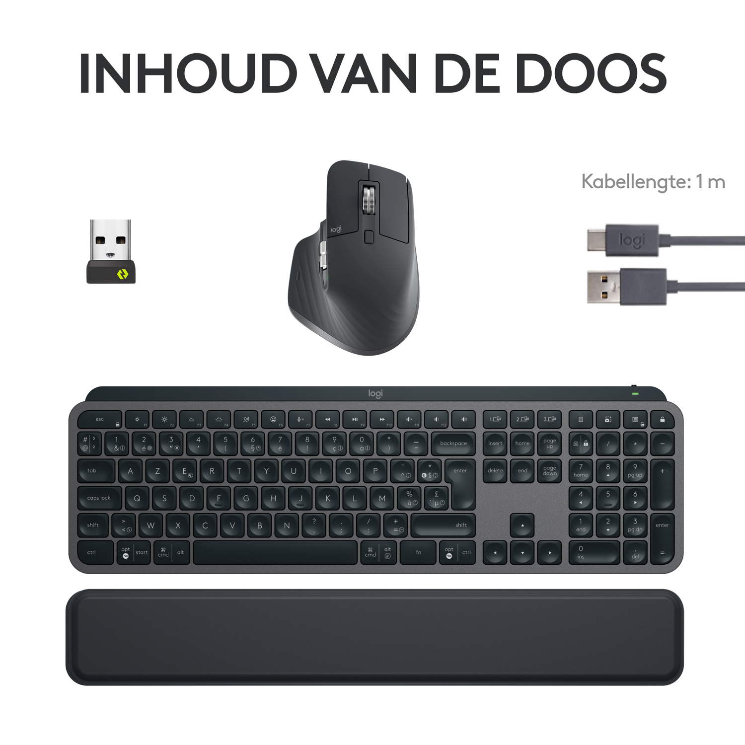 Keyboard, mouse, and USB receiver on a white surface, with text in Dutch.