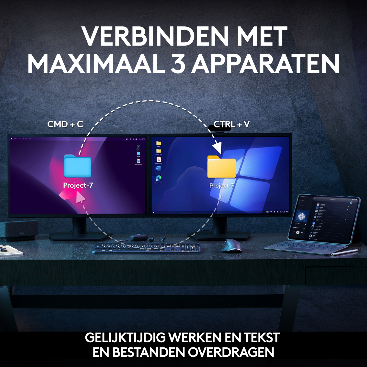 Two monitors and a tablet on a desk. One monitor shows a folder. The other shows a window.
