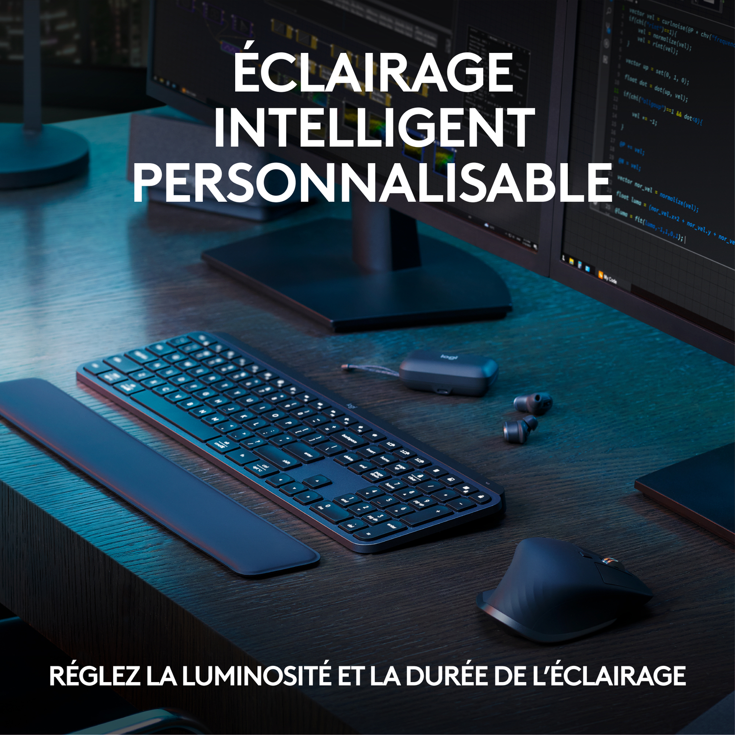 Clavier, repose-poignet, moniteur, souris. Texte : Éclairage intelligent personnalisable. Ajuster luminosité et durée.